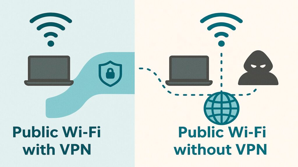 Public Wi-Fi with VPN vs. without VPN – Secure your data and hide from hackers Split-screen infographic showing the difference between using public Wi-Fi with a VPN versus without a VPN. The left side illustrates encrypted traffic through a VPN tunnel, while the right side shows unsecured traffic visible to hackers.