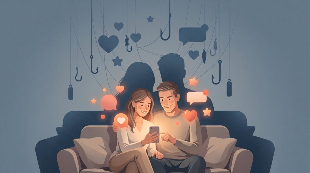 Editorial illustration of a young couple smiling at a phone amid social-media hearts while their shadow hangs from fishhooks and strings, illustrating social media safety at every age
